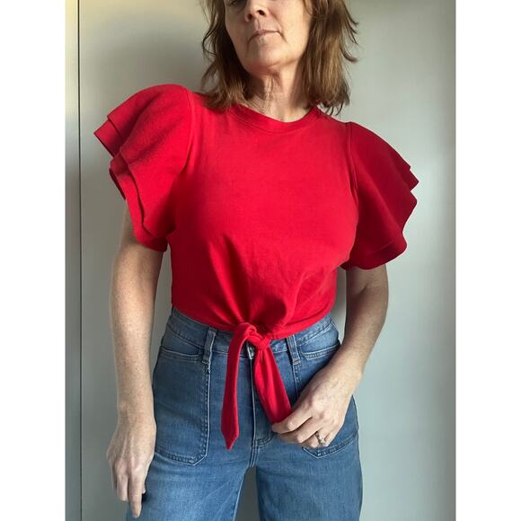Womens Red Tops Size Small Ruffled Sleeves Cropped Front Tie Dolan Anthropologie - Picture 10 of 10